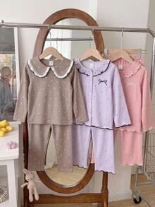 SHEIN 少女彼得領修身卡其色波點長袖上衣褲套裝 - 卡其色 - 查看 7