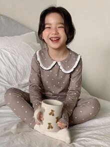 SHEIN 少女彼得領修身卡其色波點長袖上衣褲套裝 - 卡其色 - 查看 1