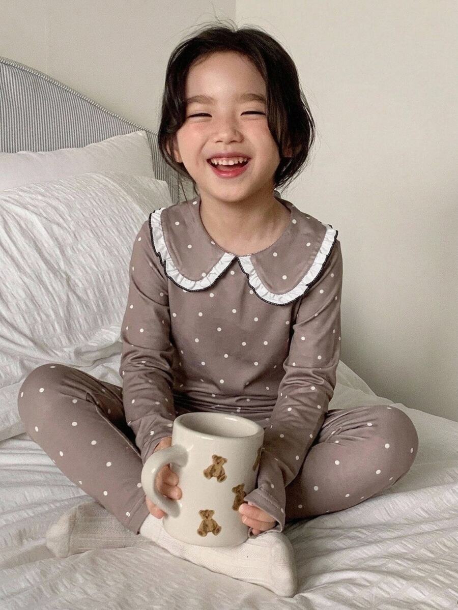 SHEIN 少女彼得領修身卡其色波點長袖上衣褲套裝 - 卡其色 - 查看 1
