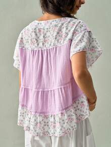 SoleilVie Women Light Purple All Season Short Sleeve Top Casual Boho Floral Patchwork Ruffle Tiered Blouse For Fall Vacation Going Out - Purple - View 3