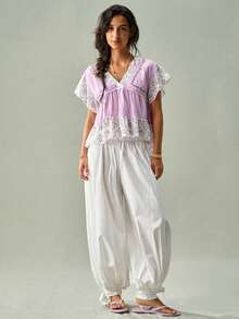 SoleilVie Women Light Purple All Season Short Sleeve Top Casual Boho Floral Patchwork Ruffle Tiered Blouse For Fall Vacation Going Out - Purple - View 4