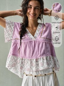 SoleilVie Women Light Purple All Season Short Sleeve Top Casual Boho Floral Patchwork Ruffle Tiered Blouse For Fall Vacation Going Out - Purple - View 2