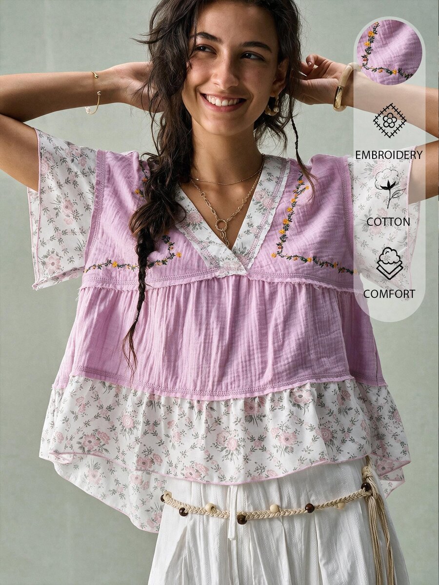 SoleilVie Women Light Purple All Season Short Sleeve Top Casual Boho Floral Patchwork Ruffle Tiered Blouse For Fall Vacation Going Out