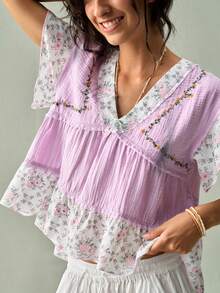 SoleilVie Women Light Purple All Season Short Sleeve Top Casual Boho Floral Patchwork Ruffle Tiered Blouse For Fall Vacation Going Out - Purple - View 5