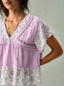 SoleilVie Women Light Purple All Season Short Sleeve Top Casual Boho Floral Patchwork Ruffle Tiered Blouse For Fall Vacation Going Out - Purple - View 7