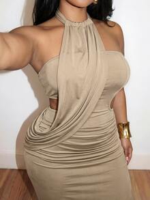 Veslaya Plus Size Women's Solid Color Ruched Waist Cutout Halter Neck Dress Cocktail Beige Summer Sexy - Khaki - View 7