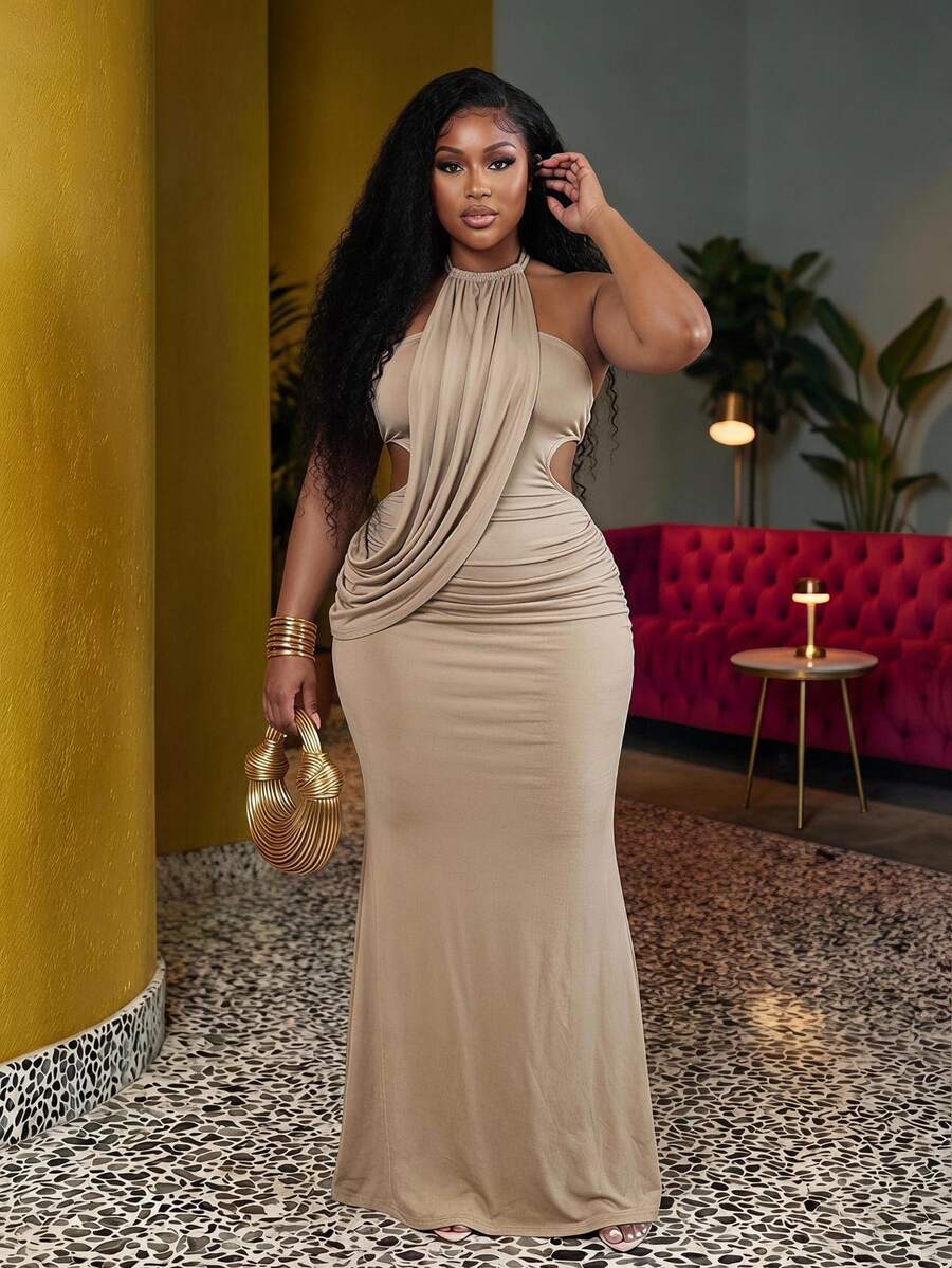 Veslaya Plus Size Women's Solid Color Ruched Waist Cutout Halter Neck Dress Cocktail Beige Summer Sexy