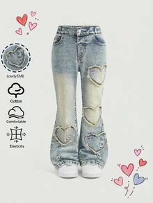 Young Girl Fall/Winter Y2k Vintage Washed Heart Patchwork Blue Denim Skinny Flared Jeans, For Daily & Streetwear, Christmas - Light Wash - View 7