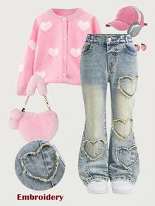 Young Girl Fall/Winter Y2k Vintage Washed Heart Patchwork Blue Denim Skinny Flared Jeans, For Daily & Streetwear, Christmas - Light Wash - View 4