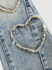 Young Girl Fall/Winter Y2k Vintage Washed Heart Patchwork Blue Denim Skinny Flared Jeans, For Daily & Streetwear, Christmas - Light Wash - View 6