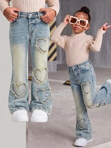 Young Girl Fall/Winter Y2k Vintage Washed Heart Patchwork Blue Denim Skinny Flared Jeans, For Daily & Streetwear, Christmas - Light Wash - View 2