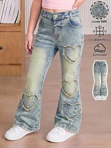 Young Girl Fall/Winter Y2k Vintage Washed Heart Patchwork Blue Denim Skinny Flared Jeans, For Daily & Streetwear, Christmas - Light Wash - View 1