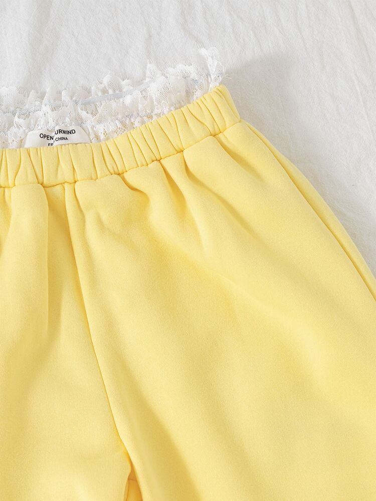 Teen Girls 2-In-1 Lace Waistband Sweatpants, Cute White Wide Leg Straight Trousers, Thermal Fleece Warm Active Jogger Pants Winter Baggy Beach Cycling - Yellow - View 7