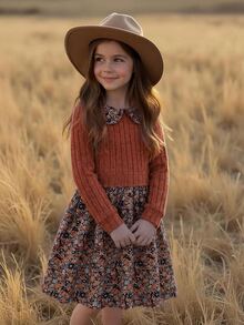 SHEIN Vintaside Kids Girls' Elegant Rose Dusty Pink Knitted Ribbed Patchwork Floral Digital Print Ruffle Collar 2 In 1 Dress, Autumn - Orange - View 1