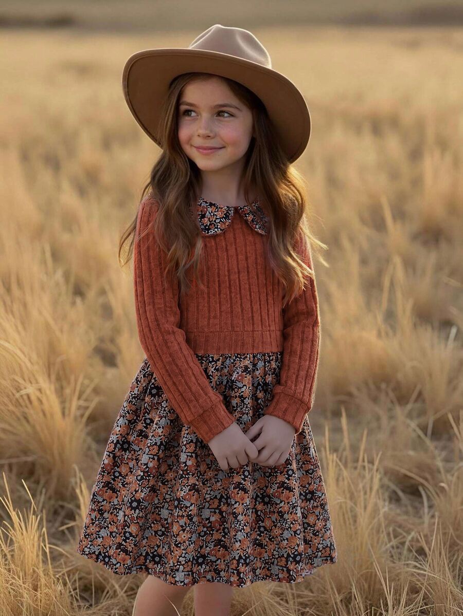 SHEIN Vintaside Kids Girls' Elegant Rose Dusty Pink Knitted Ribbed Patchwork Floral Digital Print Ruffle Collar 2 In 1 Dress, Autumn - Orange - View 1