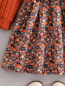 SHEIN Vintaside Kids Girls' Elegant Rose Dusty Pink Knitted Ribbed Patchwork Floral Digital Print Ruffle Collar 2 In 1 Dress, Autumn - Orange - View 7