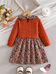 SHEIN Vintaside Kids Girls' Elegant Rose Dusty Pink Knitted Ribbed Patchwork Floral Digital Print Ruffle Collar 2 In 1 Dress, Autumn - Orange - View 2