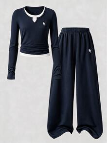 SHEIN Tween Girls Fall Style 2Pcs Navy Contrast Collar Slim Top Wide Leg Sweatpants Ribbed Knit Tracksuit Horse Graphic Winter Clothes - Blue - View 3