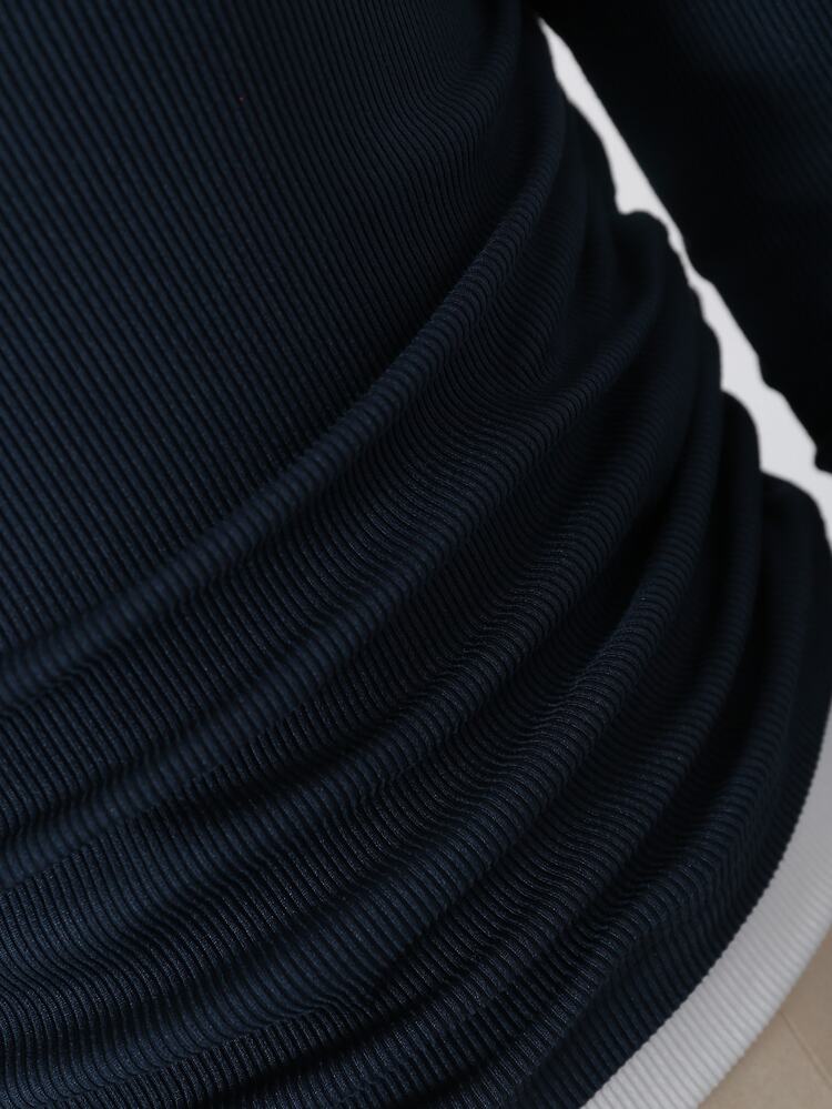 SHEIN Tween Girls Fall Style 2Pcs Navy Contrast Collar Slim Top Wide Leg Sweatpants Ribbed Knit Tracksuit Horse Graphic Winter Clothes - Blue - View 4