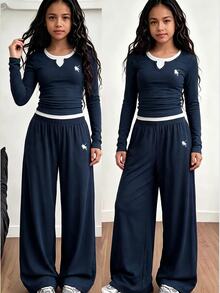SHEIN Tween Girls Fall Style 2Pcs Navy Contrast Collar Slim Top Wide Leg Sweatpants Ribbed Knit Tracksuit Horse Graphic Winter Clothes - Blue - View 1