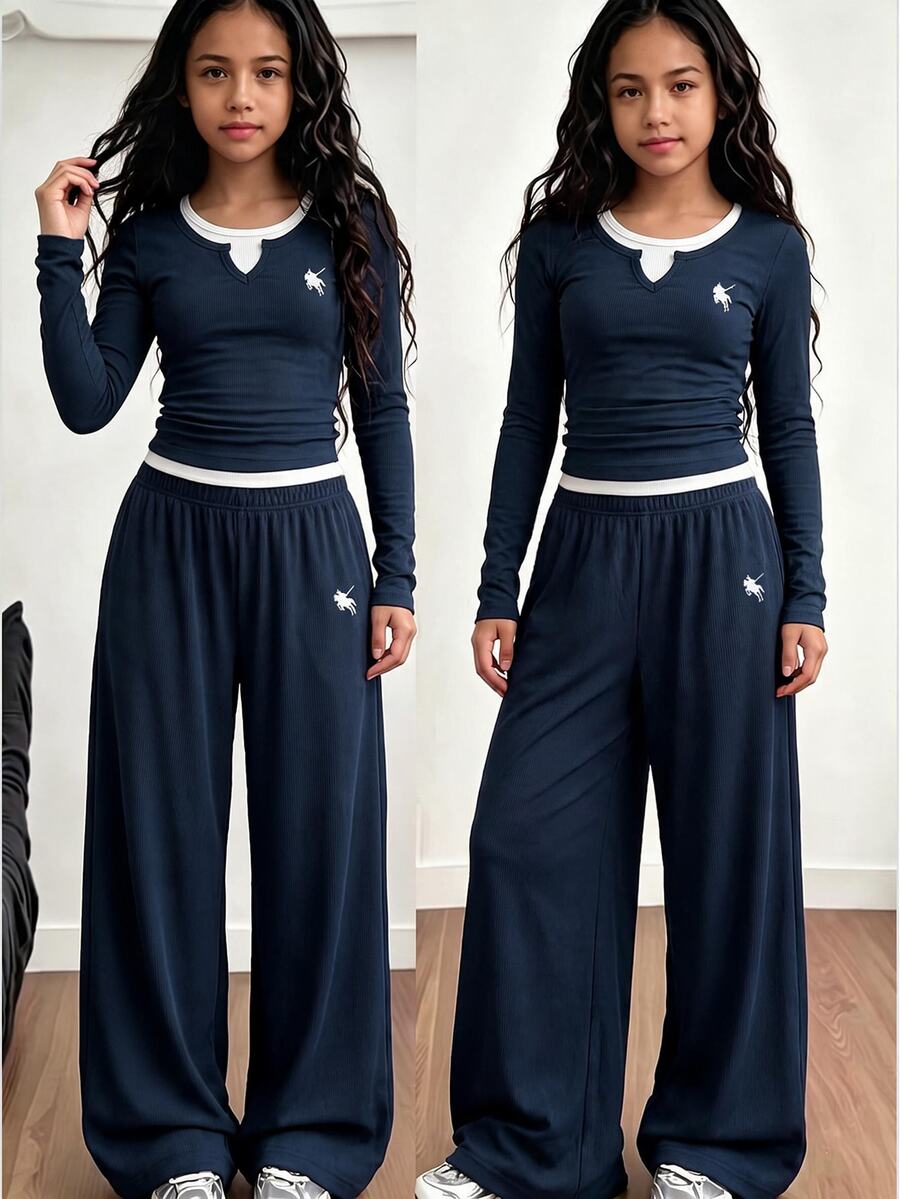 SHEIN Tween Girls Fall Style 2Pcs Navy Contrast Collar Slim Top Wide Leg Sweatpants Ribbed Knit Tracksuit Horse Graphic Winter Clothes - Blue - View 1