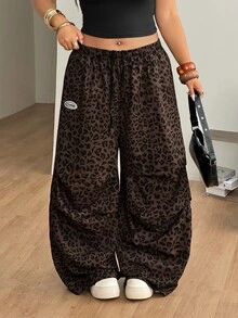 SHEIN CURVE+ Plus Size Women's Spring And Summer Basic Striped Tree Branch Pattern Wide Leg Sports Pants - Brown - View 6
