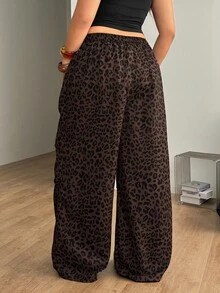 SHEIN CURVE+ Plus Size Women's Spring And Summer Basic Striped Tree Branch Pattern Wide Leg Sports Pants - Brown - View 4