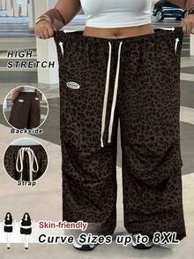 SHEIN CURVE+ Plus Size Women's Spring And Summer Basic Striped Tree Branch Pattern Wide Leg Sports Pants - Brown - View 1