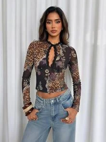 Aloruh Atasan Seksi Lengan Panjang Wanita Motif Leopard, Bunga, Kontras Renda, dan Potongan - MultiWarna - View 1