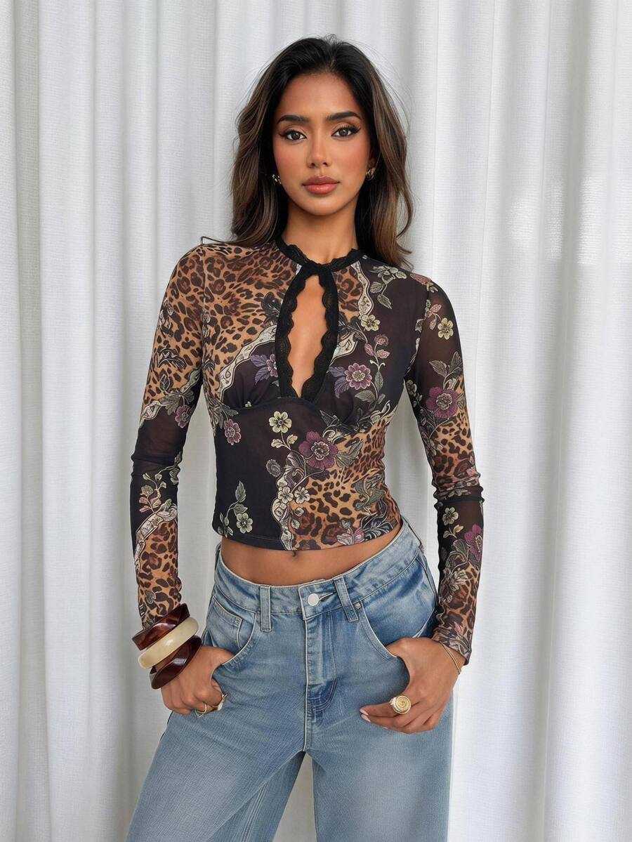 Aloruh Atasan Seksi Lengan Panjang Wanita Motif Leopard, Bunga, Kontras Renda, dan Potongan - MultiWarna - View 1