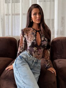 Aloruh Atasan Seksi Lengan Panjang Wanita Motif Leopard, Bunga, Kontras Renda, dan Potongan - MultiWarna - View 6
