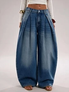 SHEIN PETITE Women's Button Washed Pleated Wide Leg Jeans - Blue - View 7