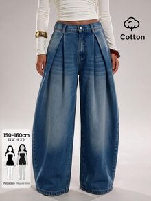 SHEIN PETITE Women's Button Washed Pleated Wide Leg Jeans - Blue - View 1