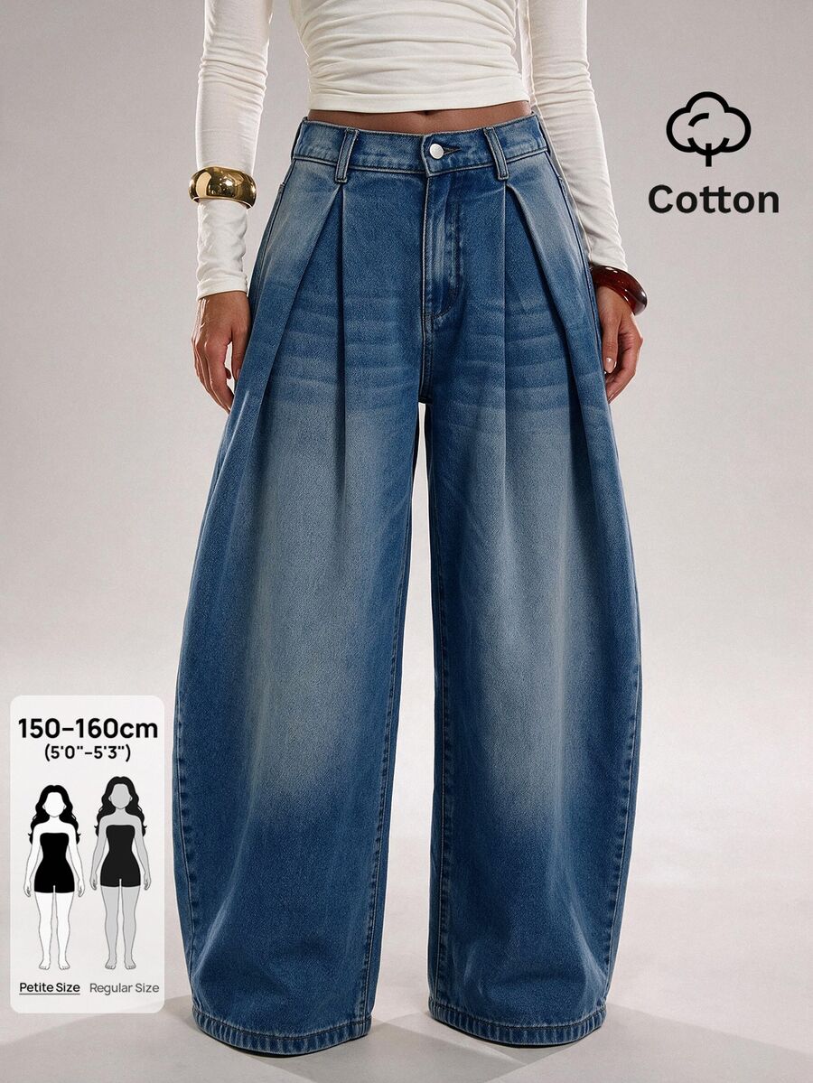 SHEIN PETITE Women's Button Washed Pleated Wide Leg Jeans - Blue - View 1