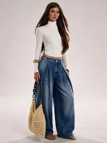 SHEIN PETITE Women's Button Washed Pleated Wide Leg Jeans - Blue - View 6