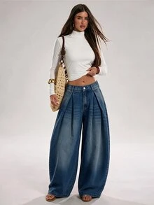 SHEIN PETITE Women's Button Washed Pleated Wide Leg Jeans - Blue - View 4