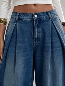 SHEIN PETITE Women's Button Washed Pleated Wide Leg Jeans - Blue - View 2