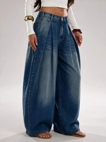 SHEIN PETITE Women's Button Washed Pleated Wide Leg Jeans - Blue - View 5