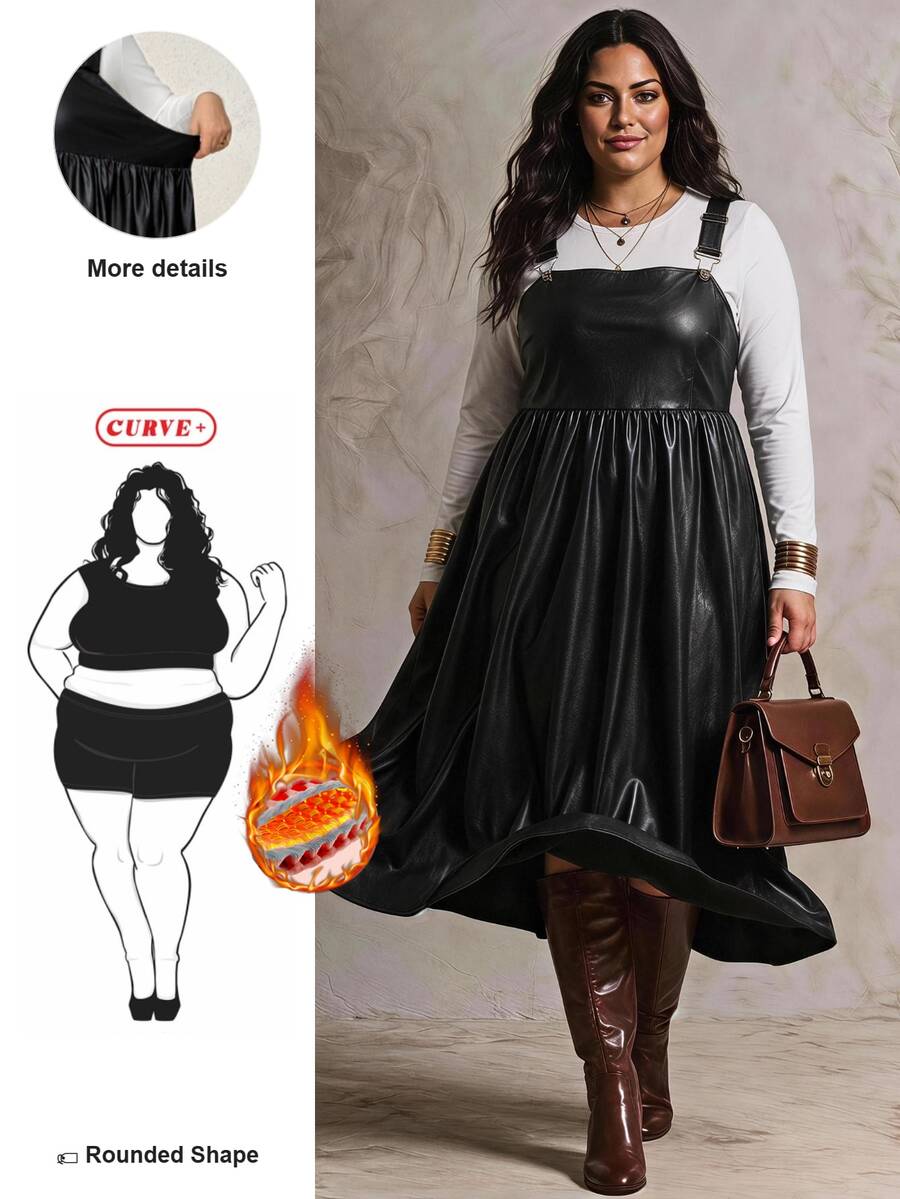 SHEIN CURVE+ 大尺碼夏季休閒純色細肩帶洋裝 秋季聖誕 - 黑色 - 查看 1