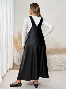 SHEIN CURVE+ Plus Size Summer Casual Solid Color Spaghetti Strap Dress Fall Christmas - Black - View 2