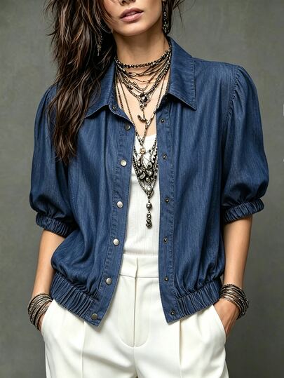 SHEIN Franclia Chaqueta camisa de mezclilla de manga corta estilo europeo & americano, nueva llegada 2026, cuello de solapa, abotonado simple, mangas abullonadas, bajo elástico, top corto, azul lavado ligero, camisa corta de mezclilla casual para ir al trabajo