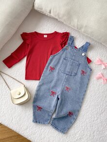 SHEIN Playful Pals 2pcs Baby Girls Romper Overalls Set Cute Sweet Red Blue Bow Ruffle Ribbed Long Sleeve Round Neck Birthday Party Fall Holiday Wedding Guest Denim Pant - Red - View 5