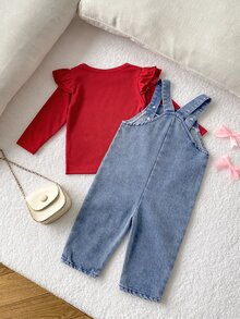 SHEIN Playful Pals 2pcs Baby Girls Romper Overalls Set Cute Sweet Red Blue Bow Ruffle Ribbed Long Sleeve Round Neck Birthday Party Fall Holiday Wedding Guest Denim Pant - Red - View 2