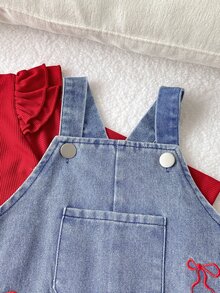 SHEIN Playful Pals 2pcs Baby Girls Romper Overalls Set Cute Sweet Red Blue Bow Ruffle Ribbed Long Sleeve Round Neck Birthday Party Fall Holiday Wedding Guest Denim Pant - Red - View 3