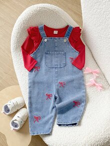SHEIN Playful Pals 2pcs Baby Girls Romper Overalls Set Cute Sweet Red Blue Bow Ruffle Ribbed Long Sleeve Round Neck Birthday Party Fall Holiday Wedding Guest Denim Pant - Red - View 1