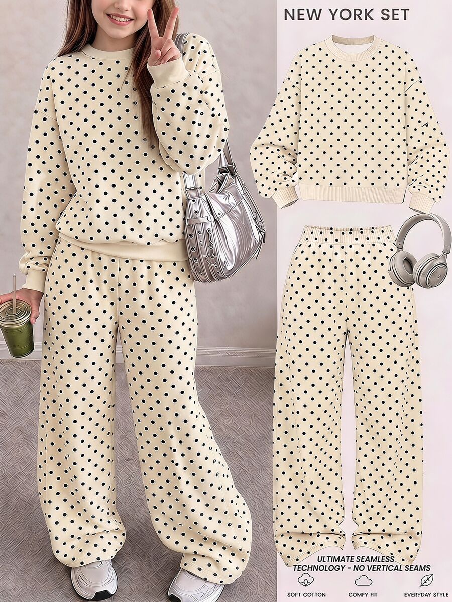 青少年女孩復古時尚保暖燕麥色與黑色波點休閒極簡寬鬆柔軟加厚落肩長袖圓領內裡保暖衛衣與寬腿運動褲套裝,適合秋冬日常、街頭、戶外、運動、校園、返校、出遊、街拍、休閒 - 彩色 - 查看 1