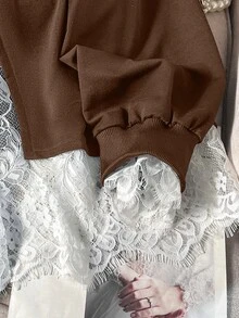 Lacomfia 女款 2 合 1 長袖蕾絲拼接休閒百搭大尺碼衛衣 - 咖啡棕 - 查看 5