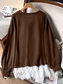 Lacomfia 女款 2 合 1 長袖蕾絲拼接休閒百搭大尺碼衛衣 - 咖啡棕 - 查看 2