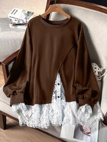 Lacomfia 女款 2 合 1 長袖蕾絲拼接休閒百搭大尺碼衛衣 - 咖啡棕 - 查看 1