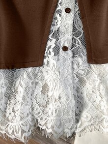 Lacomfia 女款 2 合 1 長袖蕾絲拼接休閒百搭大尺碼衛衣 - 咖啡棕 - 查看 7